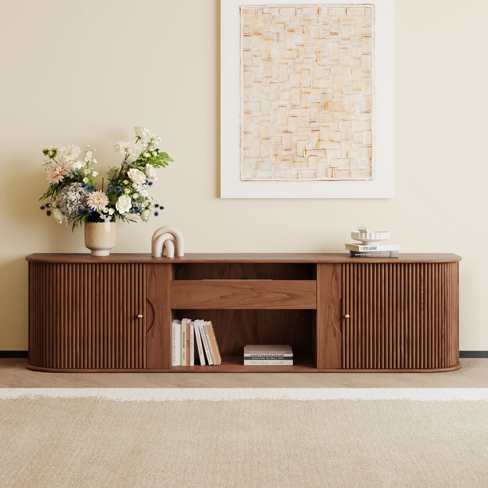 83" Ash Wood Fluted TV Stand for UST Projector window image