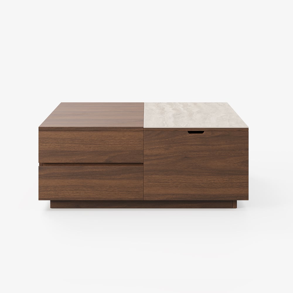 39" Square Lift-Top Walnut Travertine Veneer Coffee Table window image