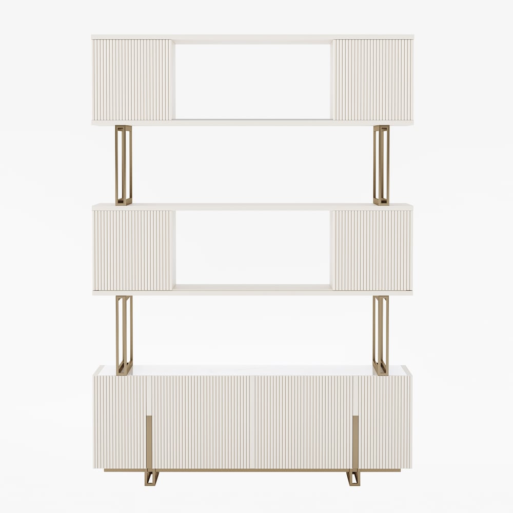 Off-white Sliding Door Etagere Bookshelf 5-Shelf Tall Book Shelf Rich Storage-170cm