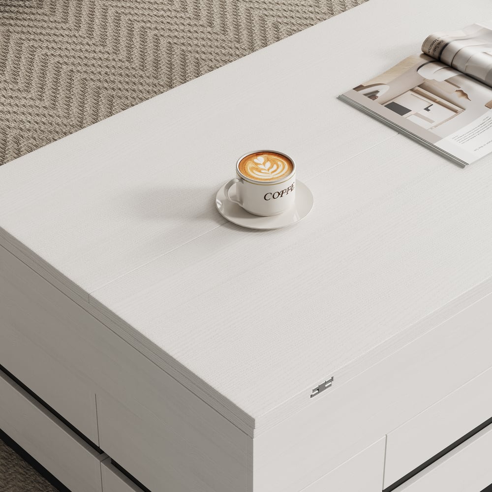 Table basse électrique multifonctionnelle relevable avec 8 tabourets en noir et blanc image de fenêtre