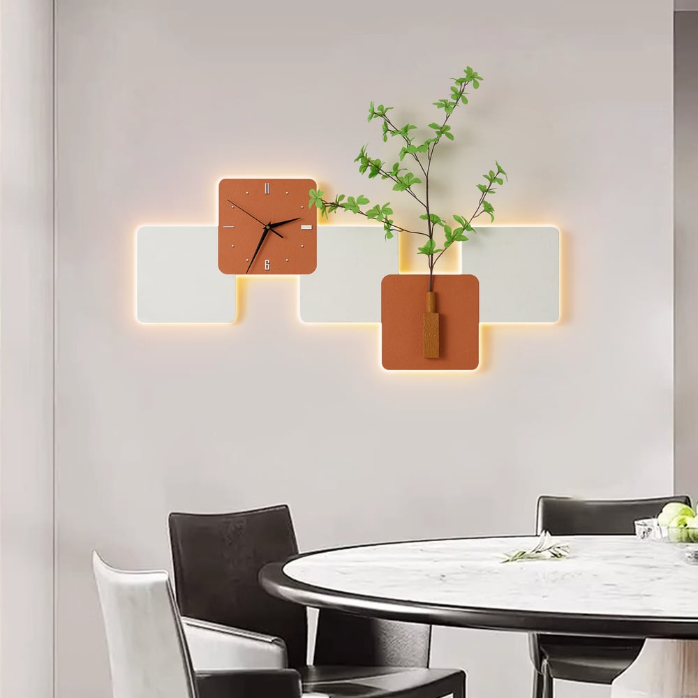 Modern LED Wall Clock with Faux Greenery – White & Orange, 39" x 18", Quartz Movement