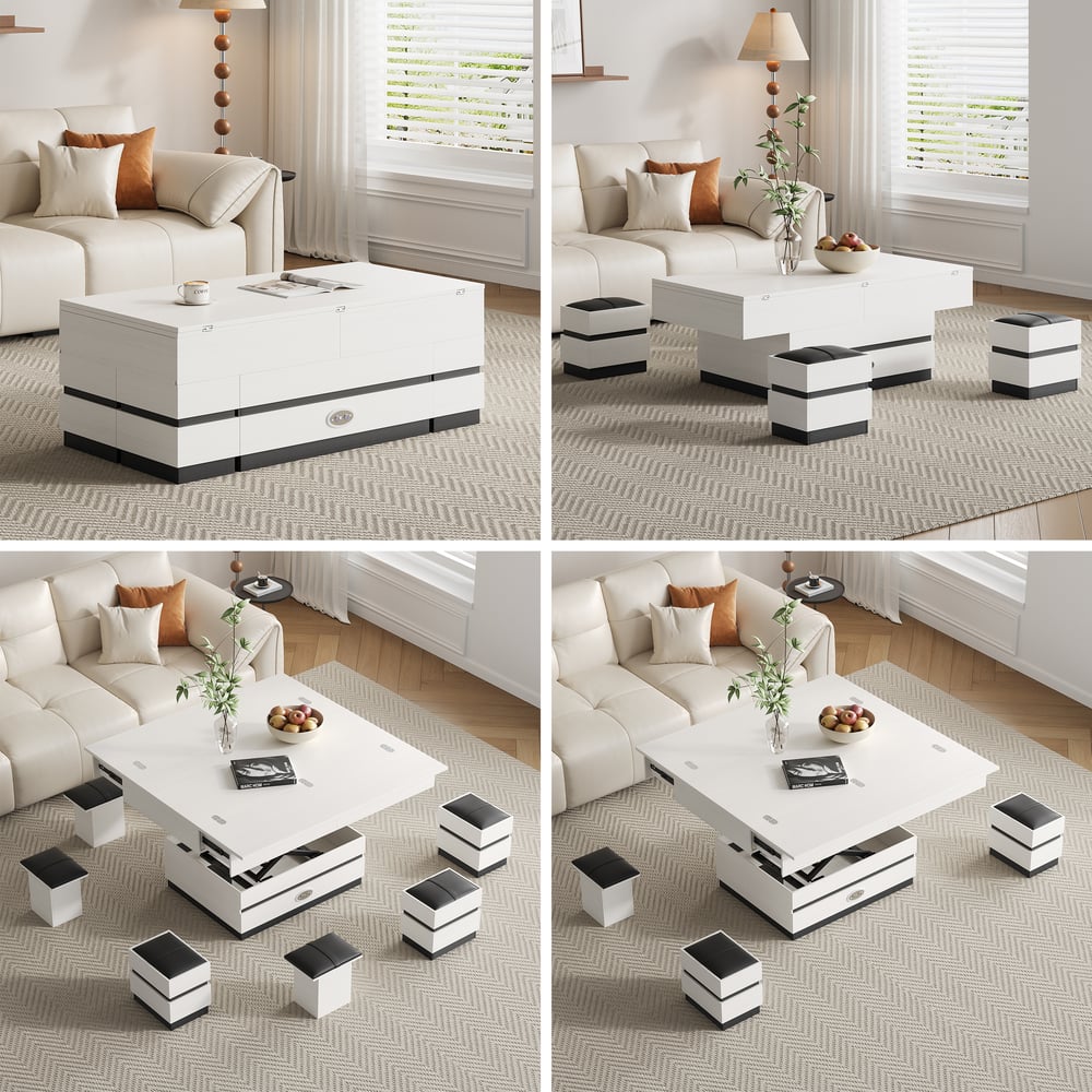 Table basse électrique multifonctionnelle relevable avec 8 tabourets en noir et blanc image de fenêtre