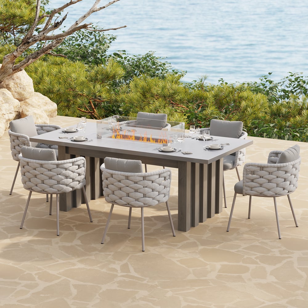 7 Pieces Gray Aluminum Outdoor Fire Patio Dining Set with Woven Armchair window image