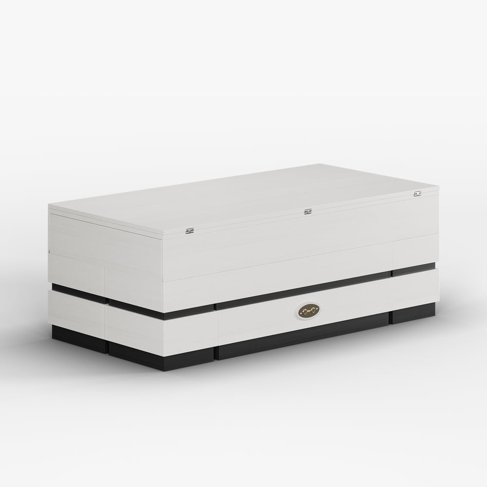 Table basse électrique multifonctionnelle relevable avec 8 tabourets en noir et blanc image de fenêtre