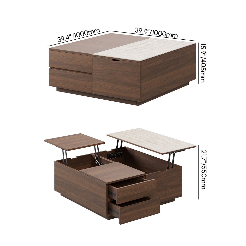 39" Square Lift-Top Walnut Travertine Veneer Coffee Table weights dimensions image