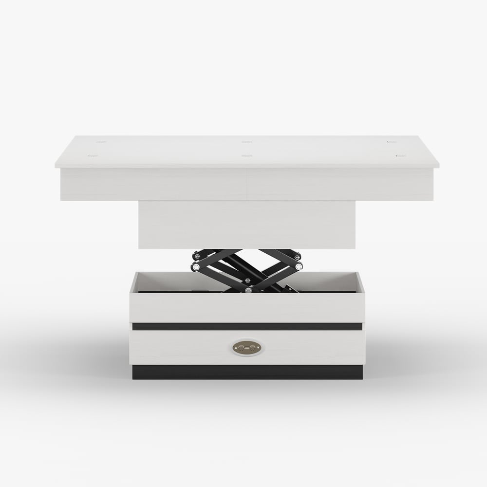 Table basse électrique multifonctionnelle relevable avec 8 tabourets en noir et blanc image de fenêtre