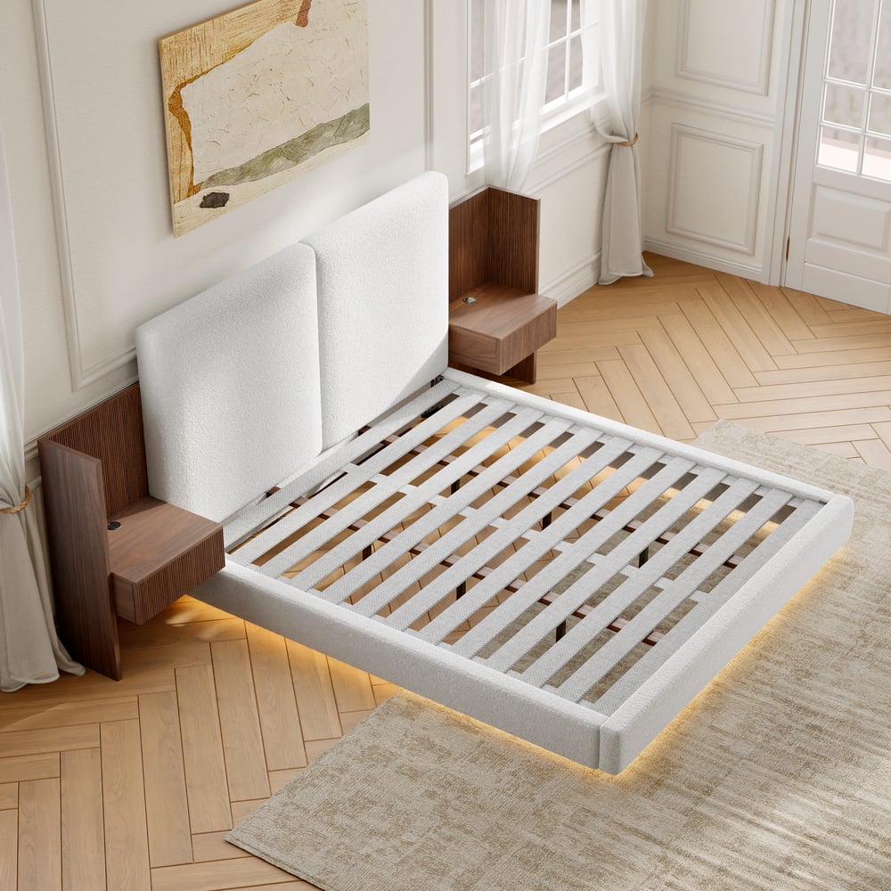 Lit en bois massif 180 x 200 cm avec tête de lit allongée en boucle et ensemble de table de chevet intelligente flottante image de fenêtre