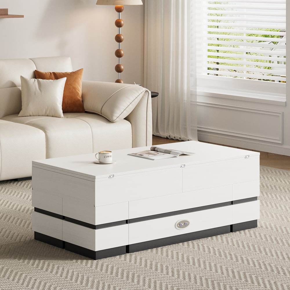 Table basse électrique multifonctionnelle relevable avec 8 tabourets en noir et blanc image de fenêtre