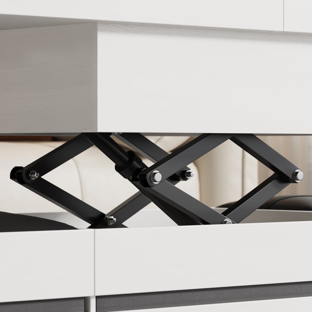 Table basse électrique multifonctionnelle relevable avec 8 tabourets en noir et blanc image de fenêtre