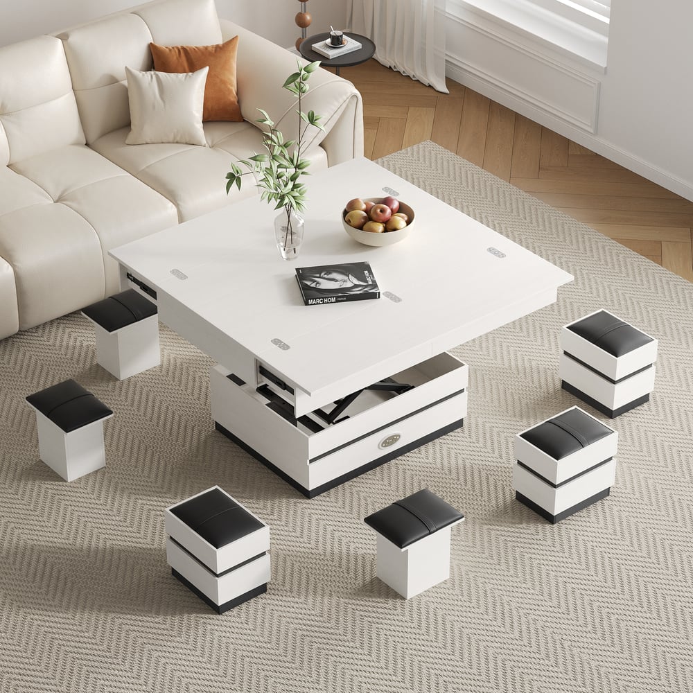 Table basse électrique multifonctionnelle relevable avec 8 tabourets en noir et blanc image de fenêtre