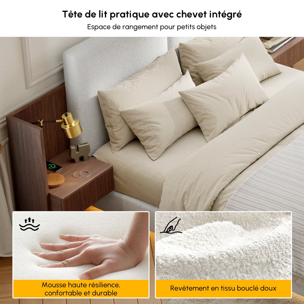 Lit en bois massif 180 x 200 cm avec tête de lit allongée en boucle et ensemble de table de chevet intelligente flottante image de fenêtre