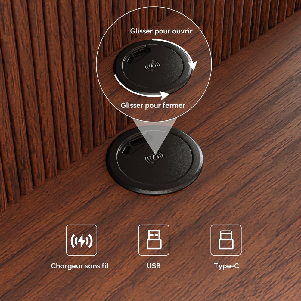 Lit en bois massif 180 x 200 cm avec tête de lit allongée en boucle et ensemble de table de chevet intelligente flottante image de fenêtre