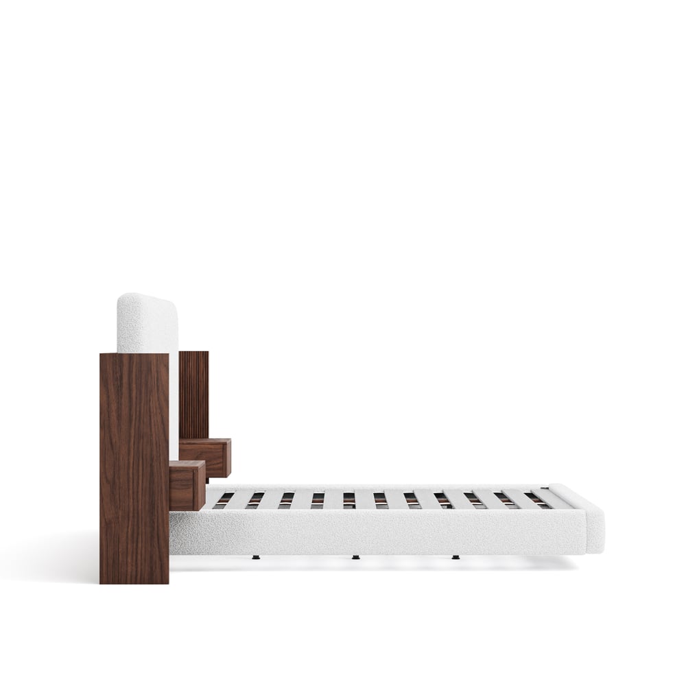 Lit en bois massif 180 x 200 cm avec tête de lit allongée en boucle et ensemble de table de chevet intelligente flottante image de fenêtre