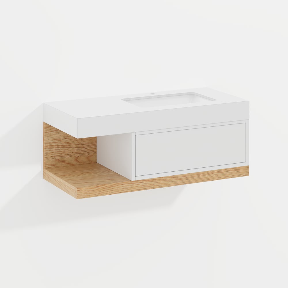 1000mm Modern Floating Bathroom Vanity Set With Single Basin Wall-Mount White & Natural window image
