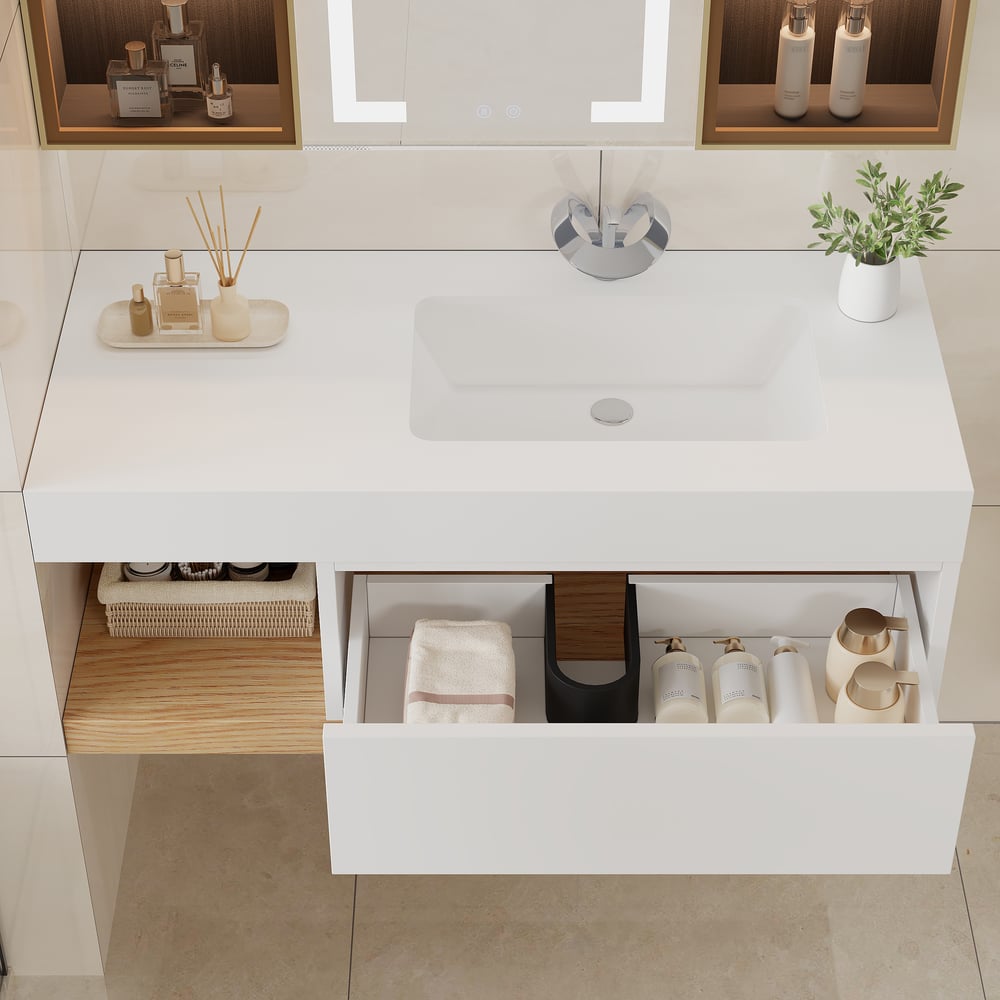 1000mm Modern Floating Bathroom Vanity Set With Single Basin Wall-Mount White & Natural window image