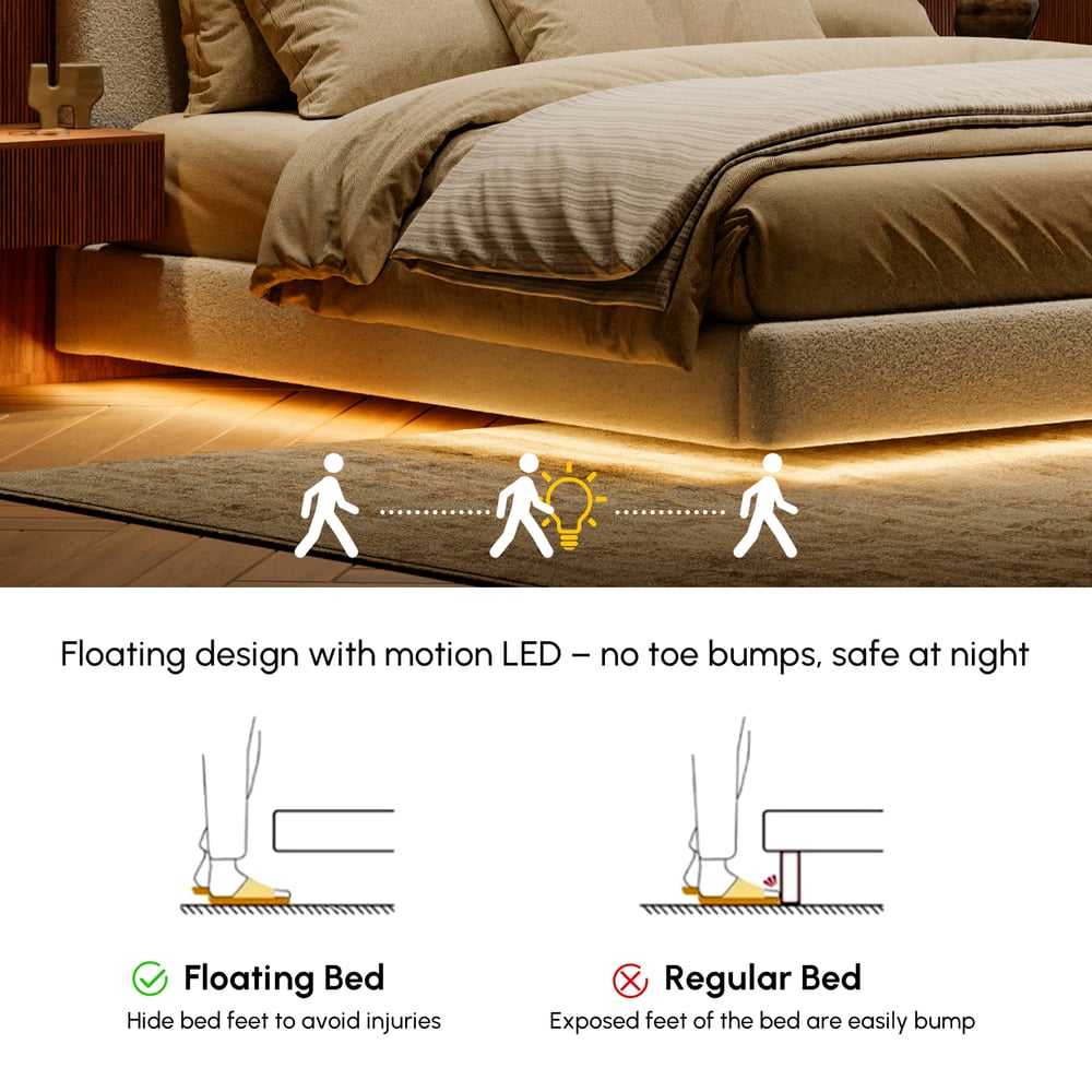 Lit en bois massif 180 x 200 cm avec tête de lit allongée en boucle et ensemble de table de chevet intelligente flottante image de fenêtre