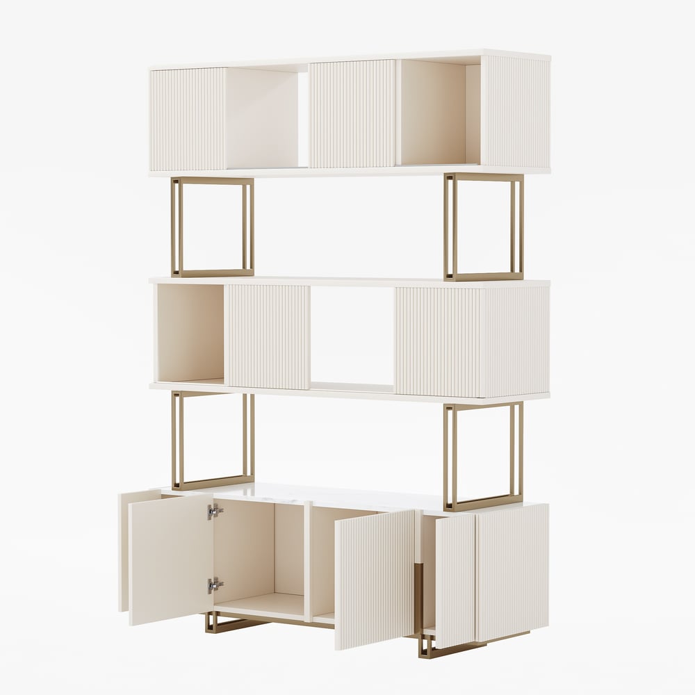 Off-white Sliding Door Etagere Bookshelf 5-Shelf Tall Book Shelf Rich Storage-170cm