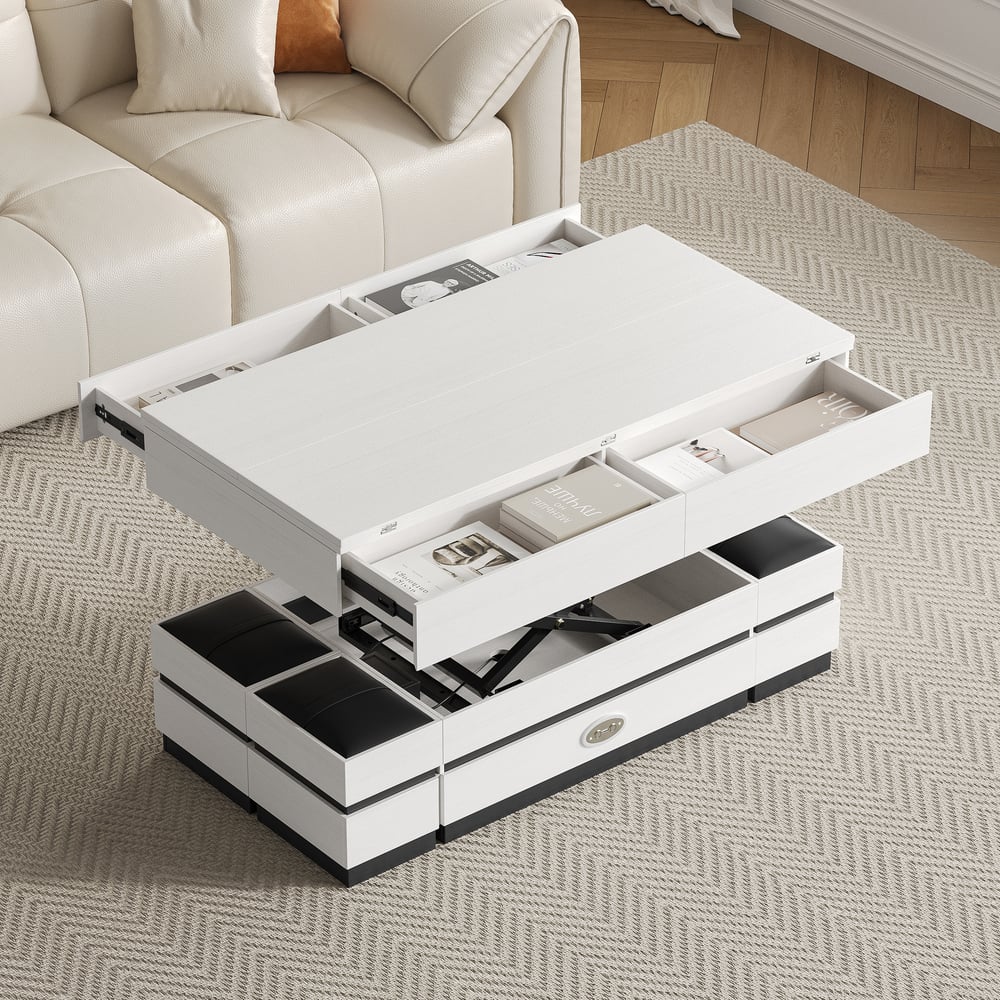 Table basse électrique multifonctionnelle relevable avec 8 tabourets en noir et blanc image de fenêtre