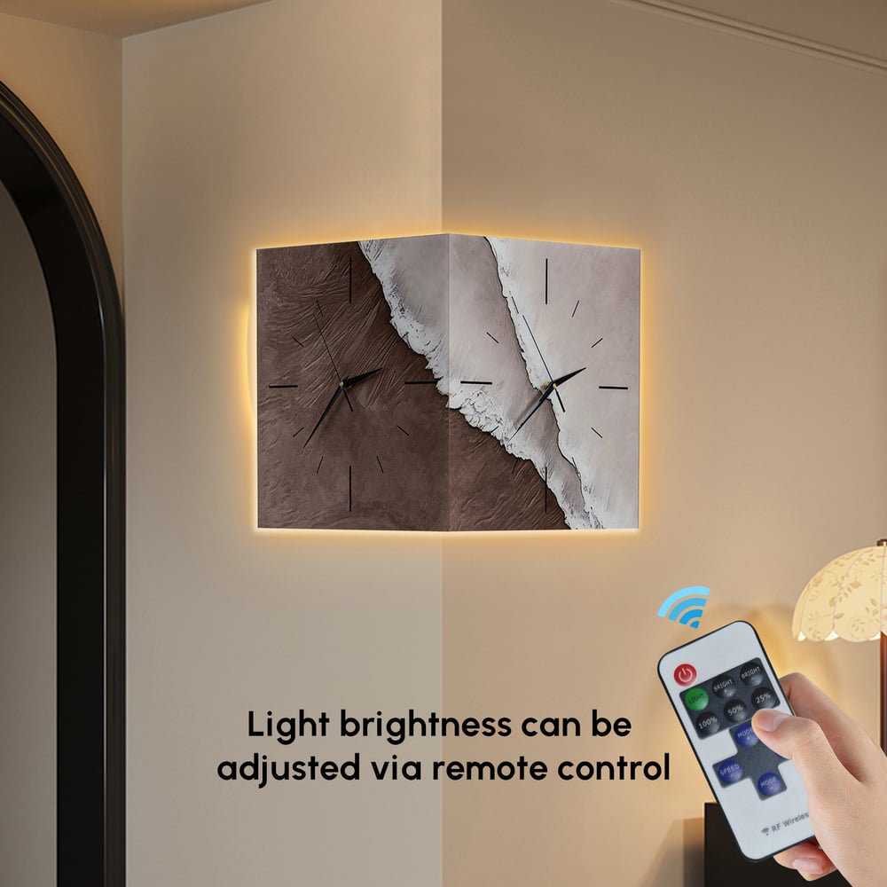 Modern Corner Wall Clock with Adjustable Light Textured Artistic Design in Living Room window image