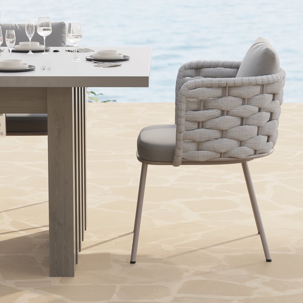 7 Pieces Gray Aluminum Outdoor Fire Patio Dining Set with Woven Armchair window image