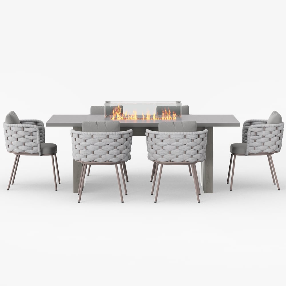 7 kusů šedého hliníkového venkovního ohniště s terasou s tkaným křeslem obrázek okna