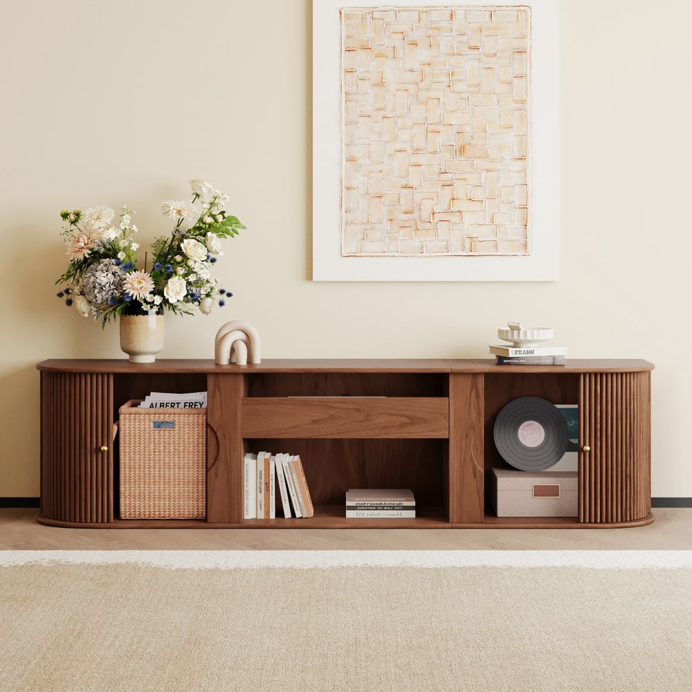 83" Ash Wood Fluted TV Stand for UST Projector window image