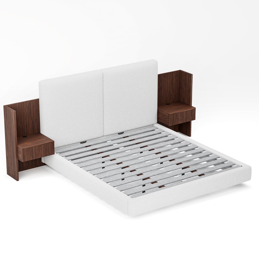 Lit en bois massif 180 x 200 cm avec tête de lit allongée en boucle et ensemble de table de chevet intelligente flottante image de fenêtre