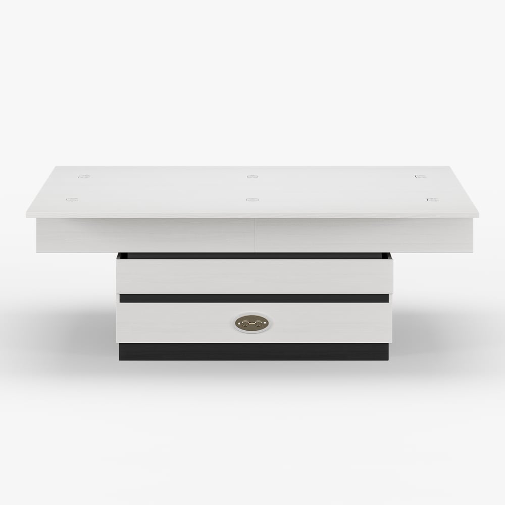 Table basse électrique multifonctionnelle relevable avec 8 tabourets en noir et blanc image de fenêtre