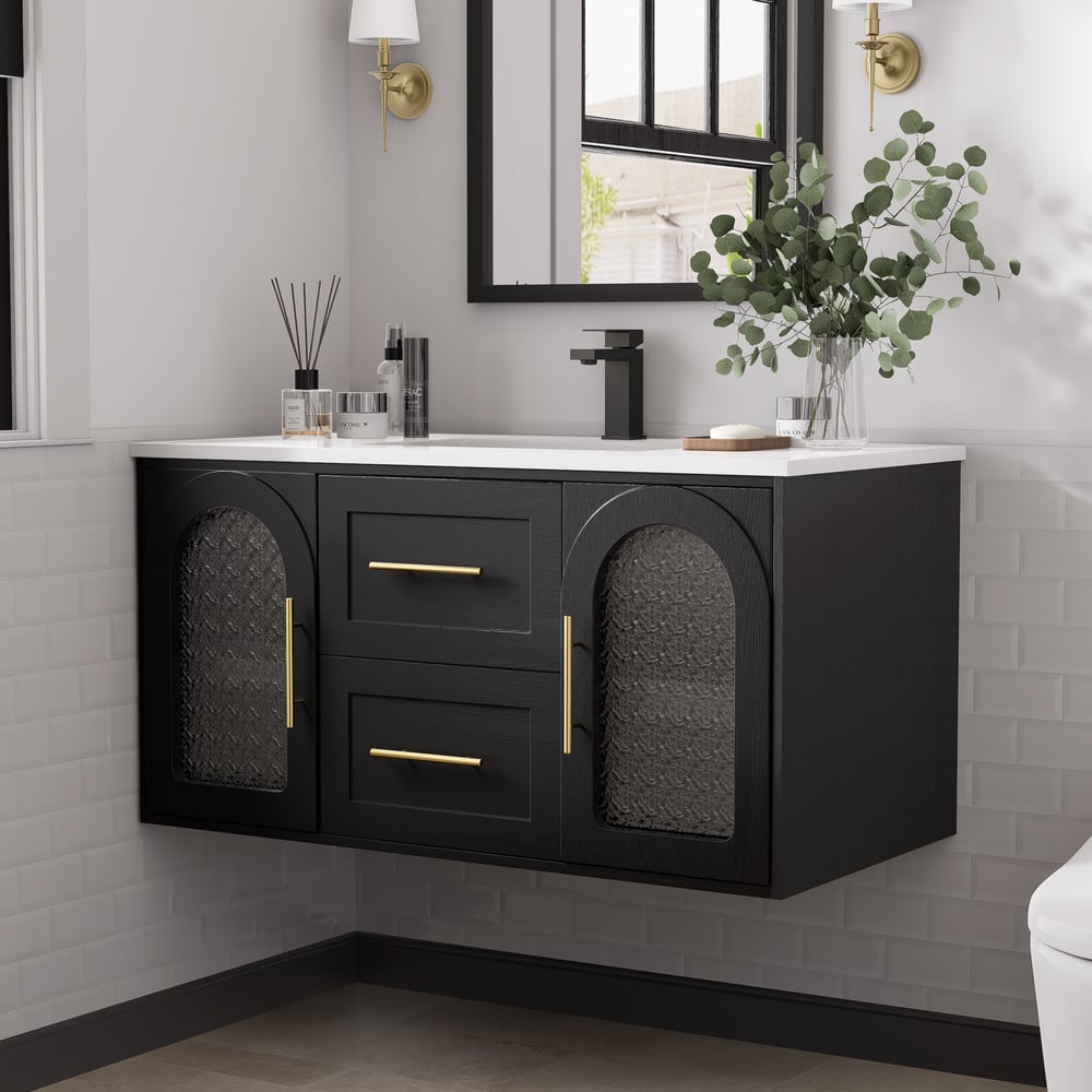 42" Arune Black Bathroom Vanity with Arched Glass Doors, Drawers and Light