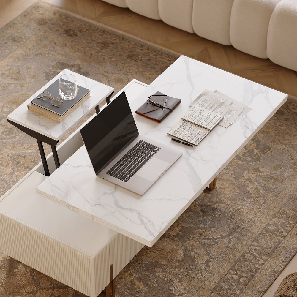 Grovyn Fluted Lift-Top Coffee Table with 2 Drawers-120cm