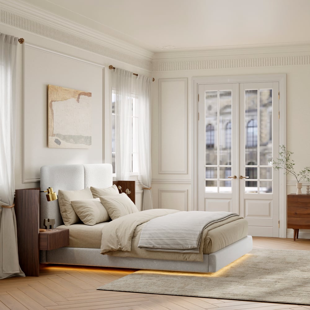 Lit en bois massif 180 x 200 cm avec tête de lit allongée en boucle et ensemble de table de chevet intelligente flottante image de fenêtre