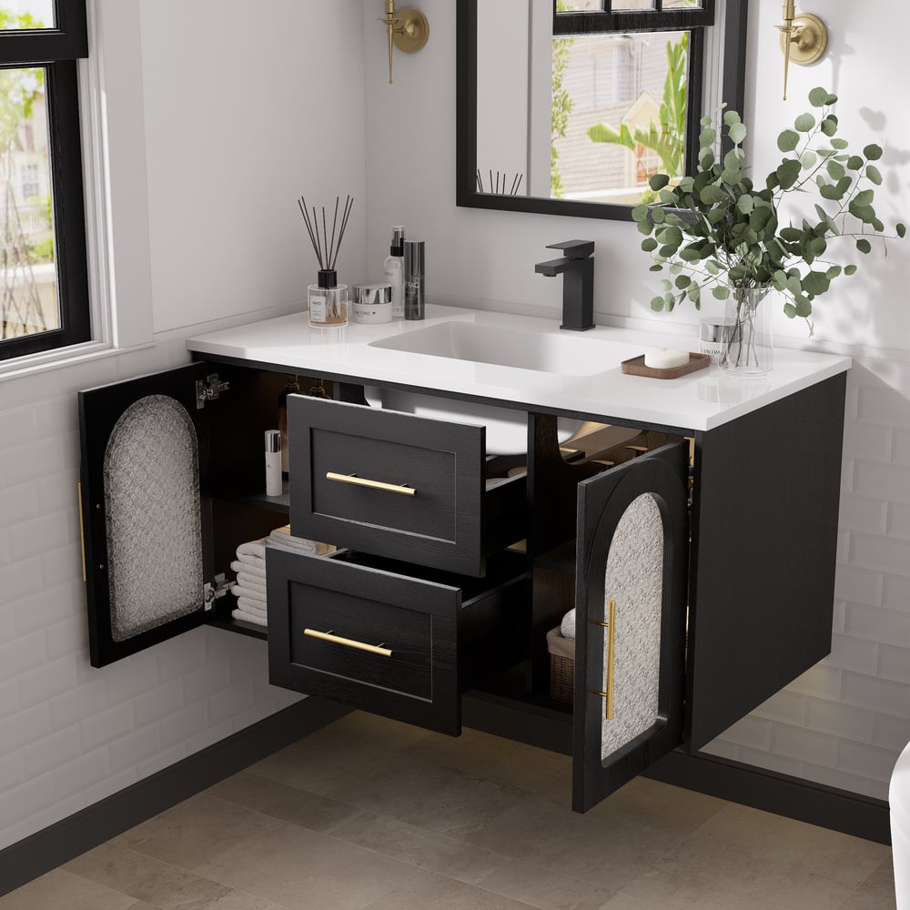 42" Arune Black Bathroom Vanity with Arched Glass Doors, Drawers and Light