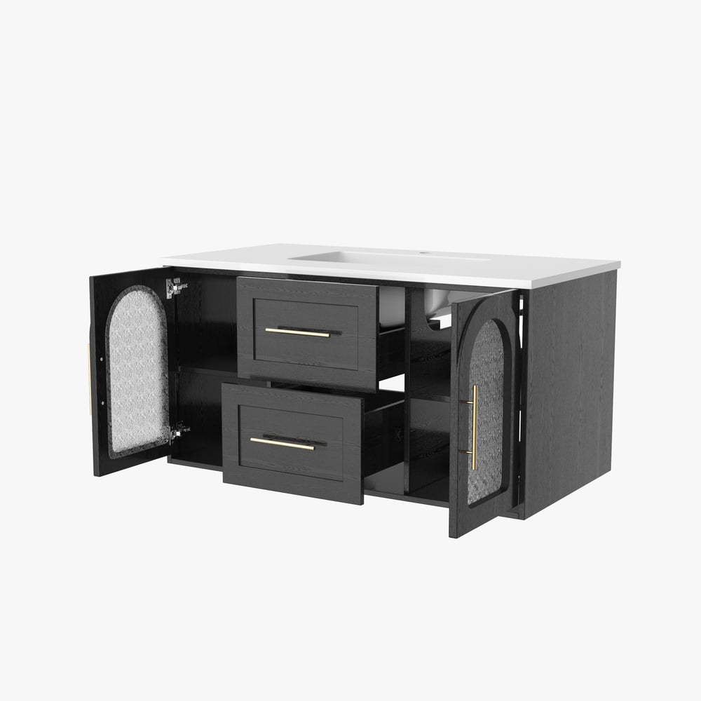 42" Arune Black Bathroom Vanity with Arched Glass Doors, Drawers and Light