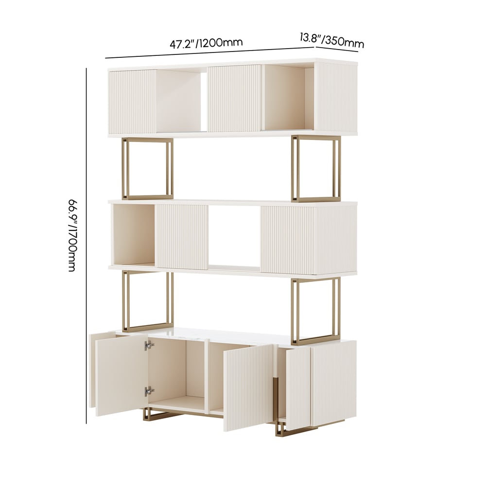 Off-white Sliding Door Etagere Bookshelf 5-Shelf Tall Book Shelf Rich Storage-170cm weights dimensions image