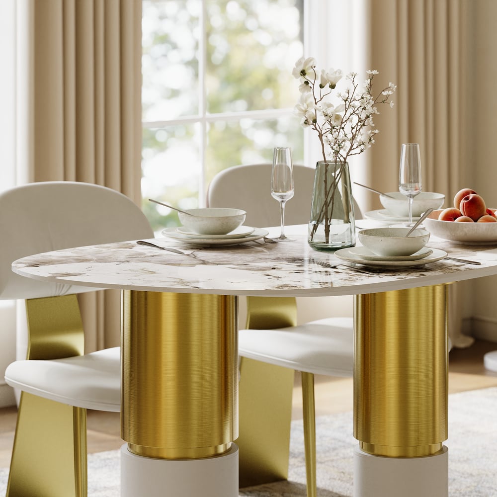 63" Sintered Stone Pebble Dining Table with 3 Legs Seats 4-6 People