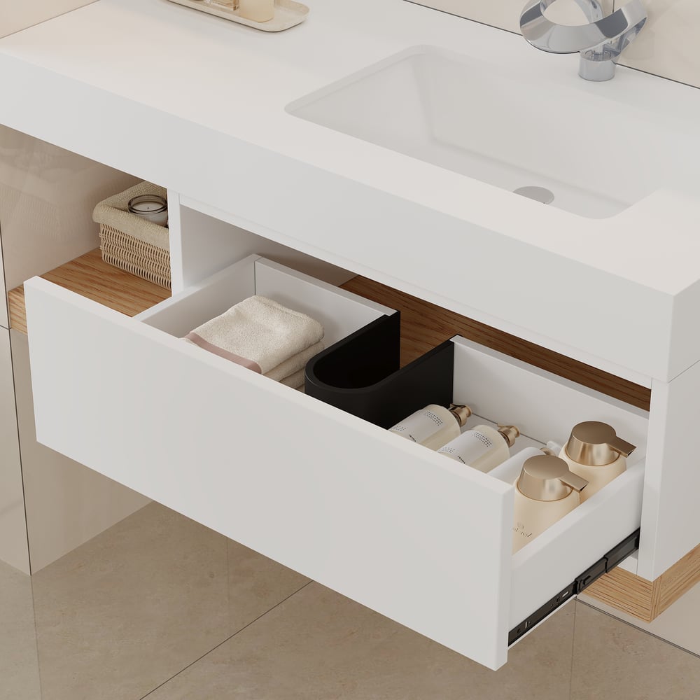 1000mm Modern Floating Bathroom Vanity Set With Single Basin Wall-Mount White & Natural window image