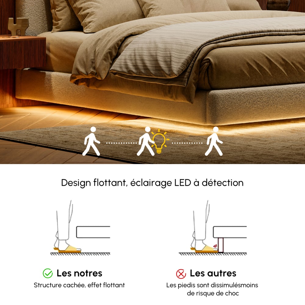 Lit en bois massif 180 x 200 cm avec tête de lit allongée en boucle et ensemble de table de chevet intelligente flottante image de fenêtre