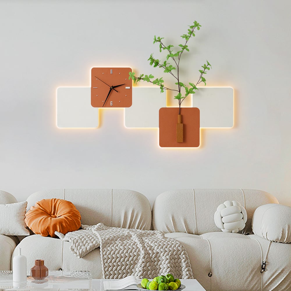 Modern LED Wall Clock with Faux Greenery – White & Orange, 39" x 18", Quartz Movement