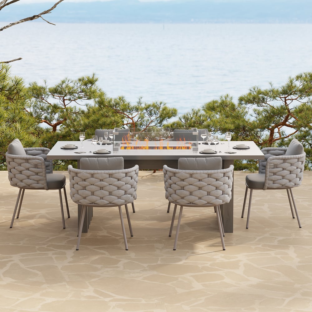 7 Pieces Gray Aluminum Outdoor Fire Patio Dining Set with Woven Armchair window image