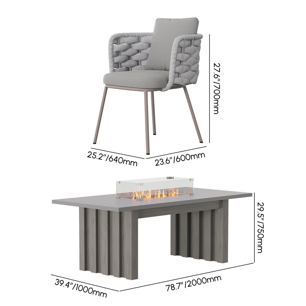 7-Piece Gray Aluminum Outdoor Dining Set with Fire Pit and Woven Armchairs weights dimensions image