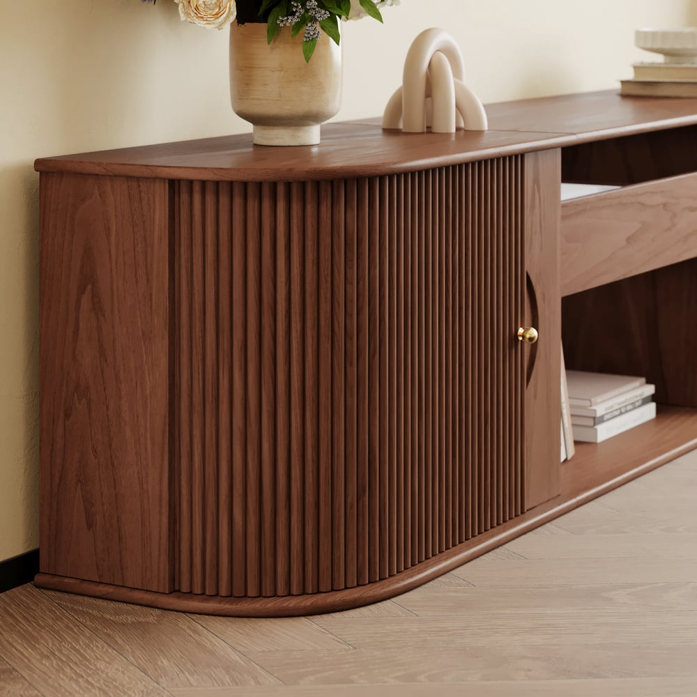 83" Ash Wood Fluted TV Stand for UST Projector window image