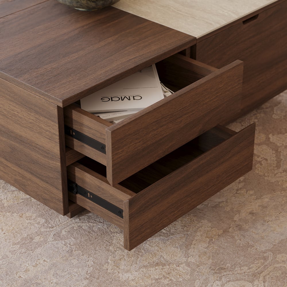 1000mm Square Lift-Top Travertine Veneer Sintered Stone Coffee Table with Storage window image