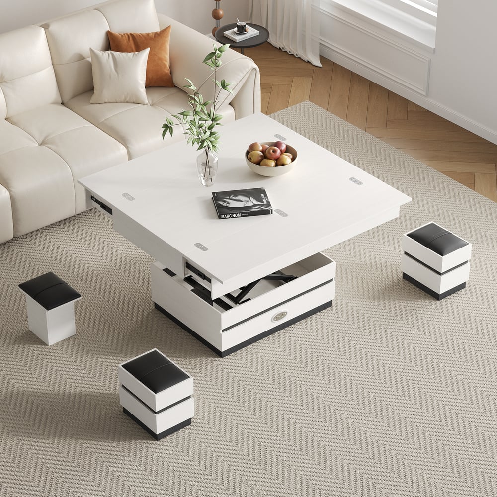 Table basse électrique multifonctionnelle relevable avec 8 tabourets en noir et blanc image de fenêtre