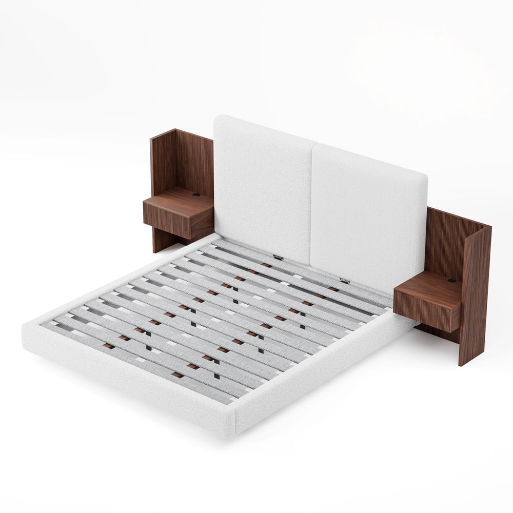 Lit en bois massif 180 x 200 cm avec tête de lit allongée en boucle et ensemble de table de chevet intelligente flottante image de fenêtre