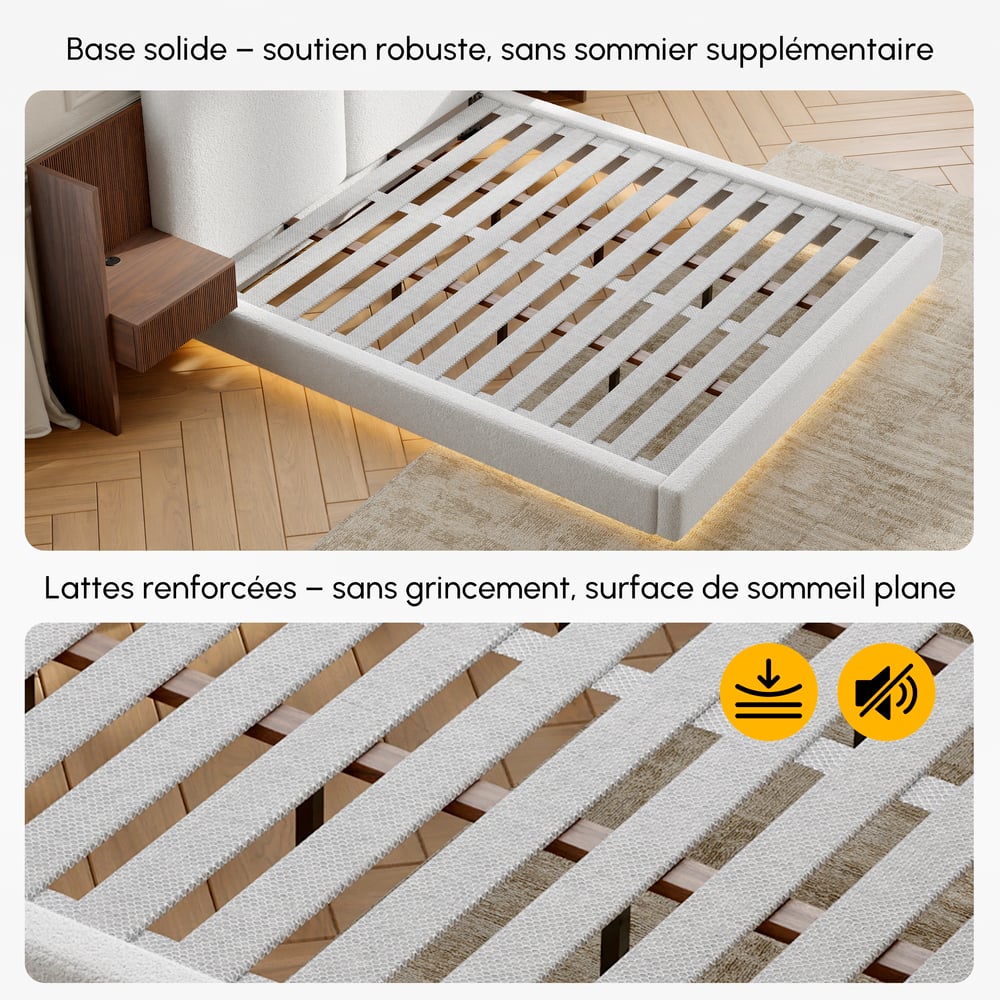 Lit en bois massif 180 x 200 cm avec tête de lit allongée en boucle et ensemble de table de chevet intelligente flottante image de fenêtre