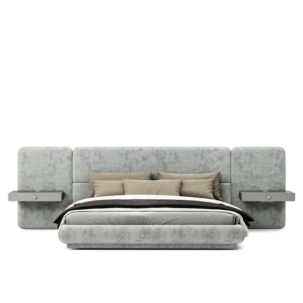 King Size Upholstered Bed with Extended Headboard & Smart Leather Nightstand Set