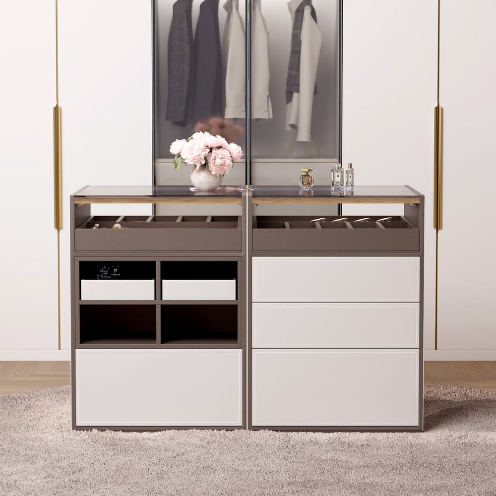 Saddle Leather 7-Dresser Walk-In Closet Island with Light & Jewelry Display Set of 2 window image