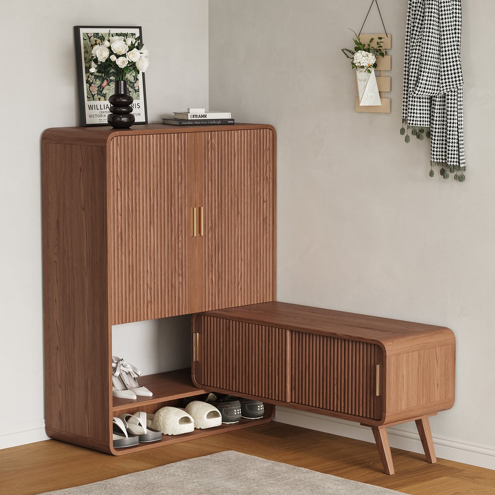 37" Ash Wood Veneer Shoe Storage Fluted Entryway Cabinet