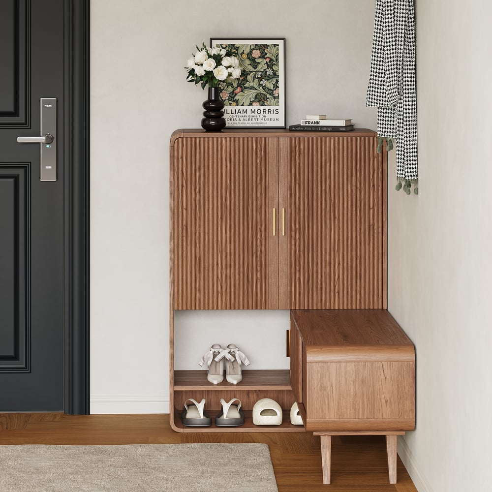 37" Ash Wood Veneer Shoe Storage Fluted Entryway Cabinet