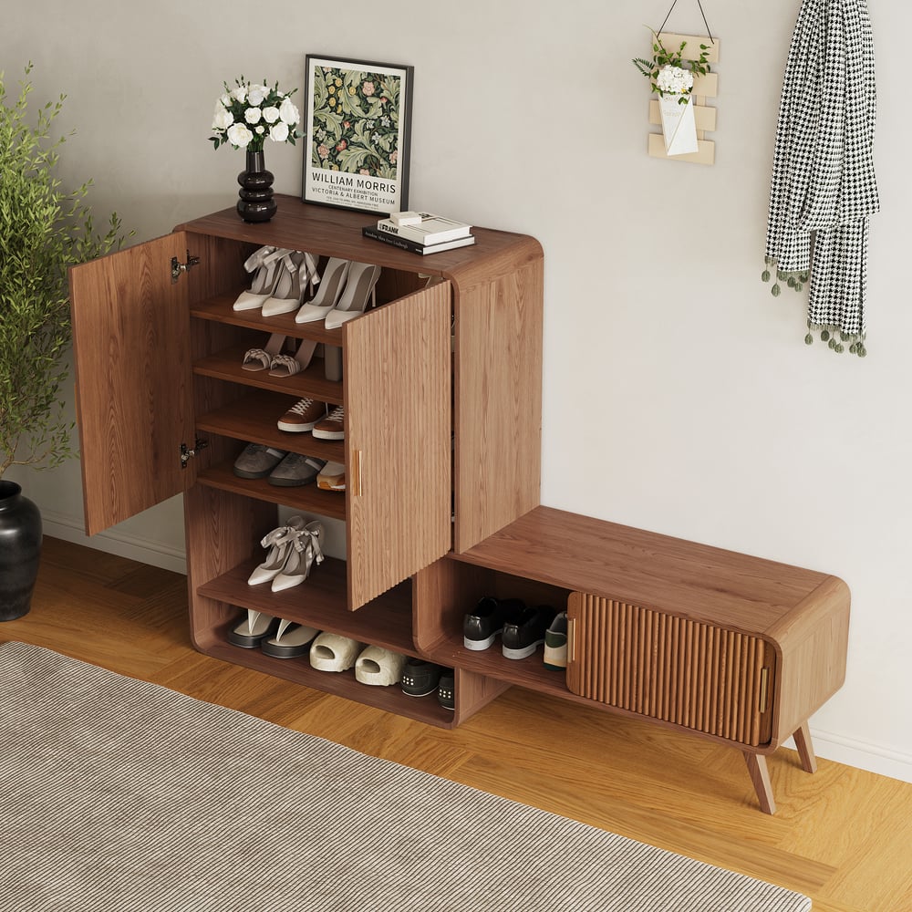 37" Ash Wood Veneer Shoe Storage Fluted Entryway Cabinet